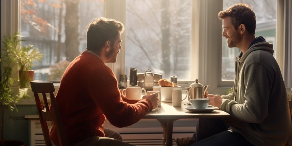 man eating breakfast with young man